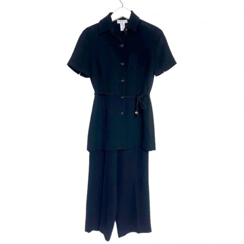 Rena Rowan Pant Suit 4P Black Short Sleeve Button Up Belted Professional Set